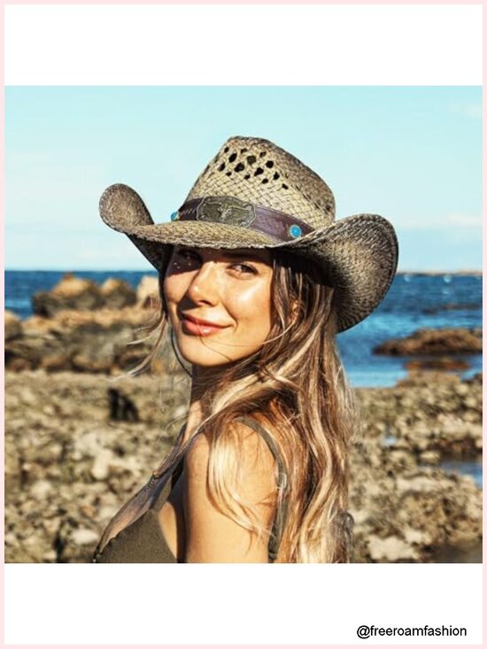 Straw Cowgirl Hat with Shapeable Brim, Wide Brim Western Sun Hat for Women main image 5